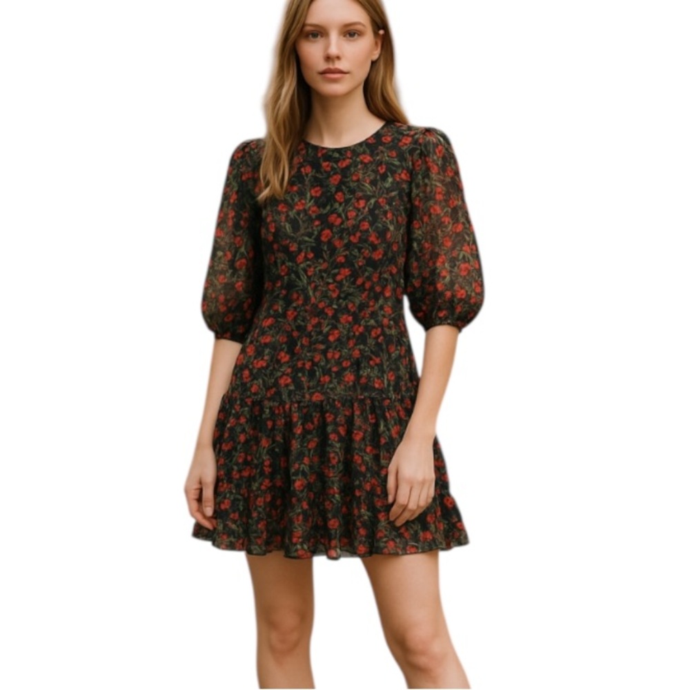 Shoshanna Floral Tie Back Ruffle Hem Mini Dress 8